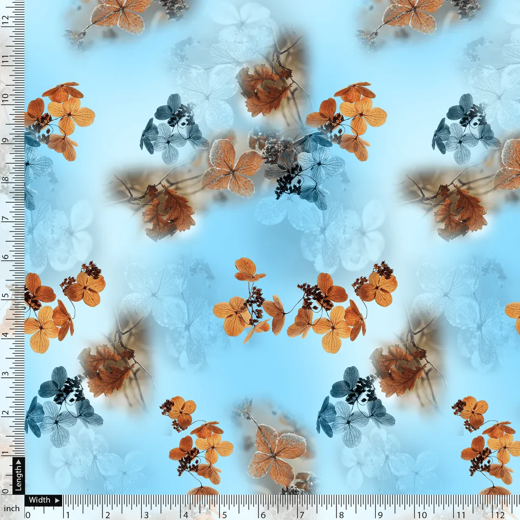 Golden Periwinkle With Blue Floral Digital Printed Fabric - Japan Satin - Image 4