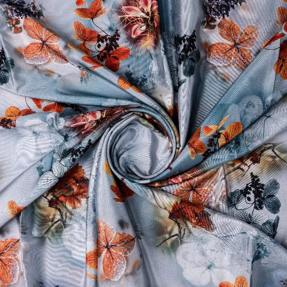 Golden Periwinkle With Gray Floral Digital Printed Fabric - Silk Crepe - Image 2