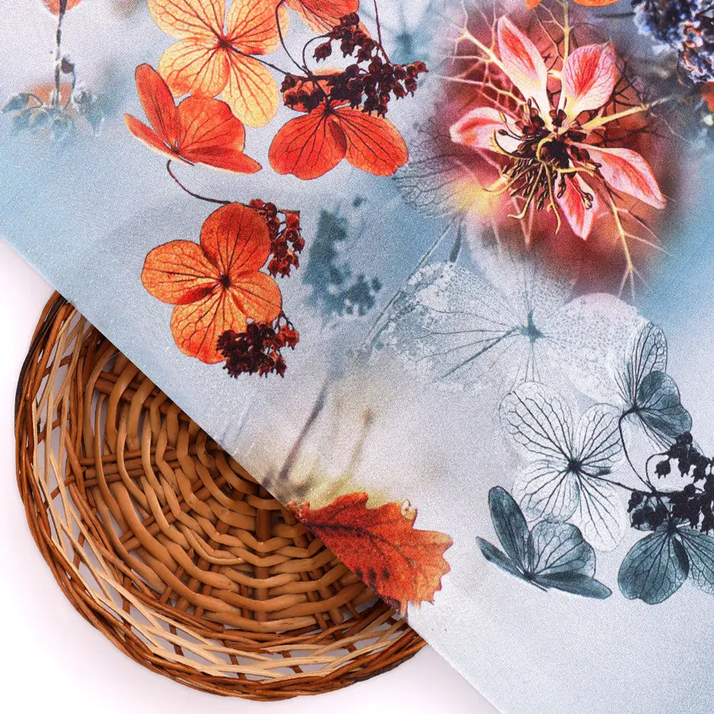Golden Periwinkle With Gray Floral Digital Printed Fabric - Silk Crepe - Image 3