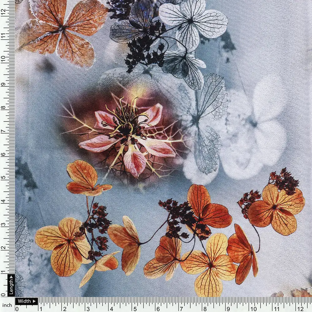 Golden Periwinkle With Gray Floral Digital Printed Fabric - Silk Crepe - Image 4