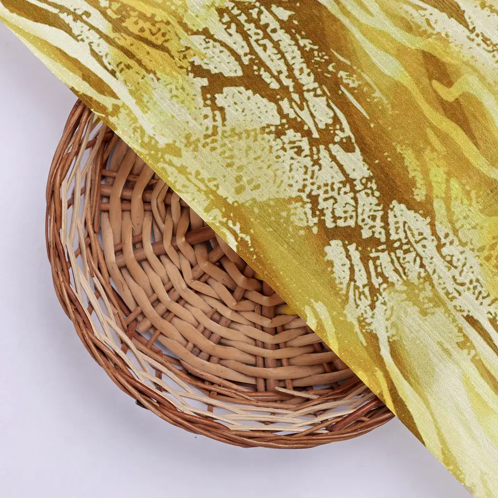 Golden Yellow Abstract Wave Pattern Chinon Fabric - Image 2