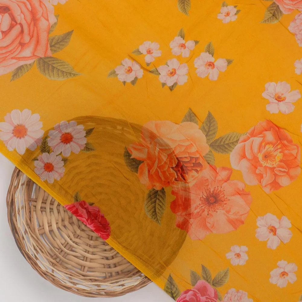 Golden Yellow Floral Pure Georgette Printed Fabric - Image 2