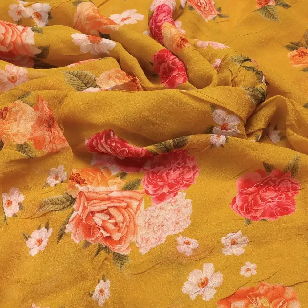 Golden Yellow Floral Pure Georgette Printed Fabric - Image 3