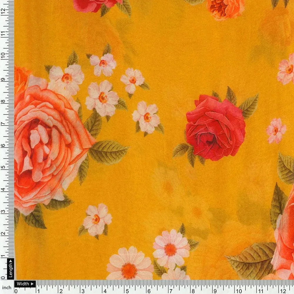 Golden Yellow Floral Pure Georgette Printed Fabric - Image 4