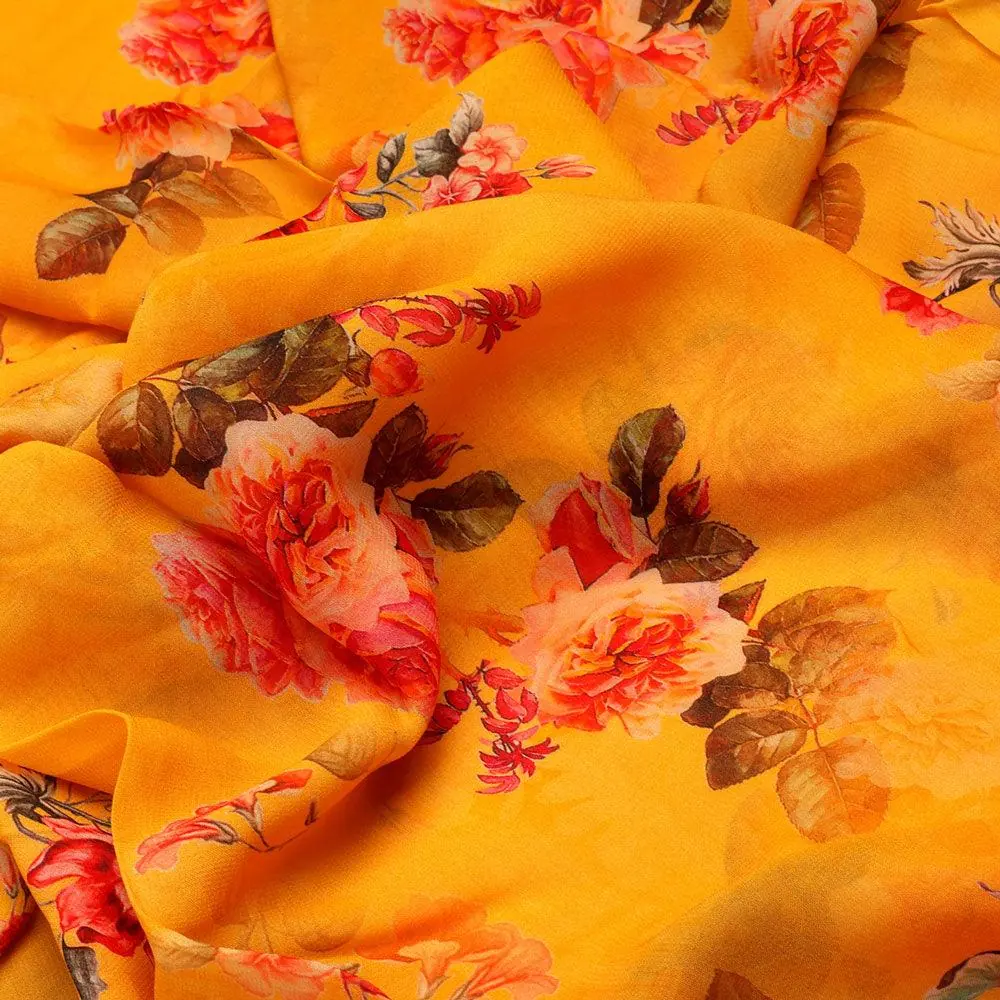 Golden Yellow Flower Printed Pure Georgette Fabric Material - Image 3