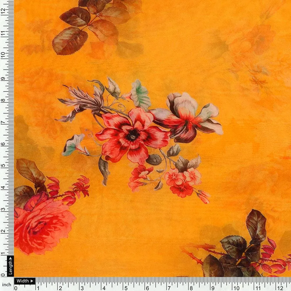 Golden Yellow Flower Printed Pure Georgette Fabric Material - Image 4
