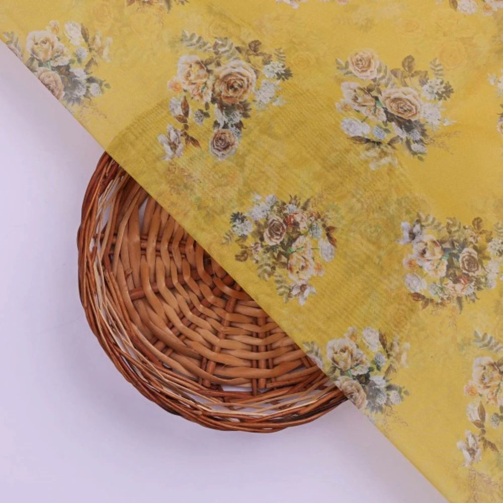 Golden Yellow Organza Fabric with Classic Rose Print - Image 3