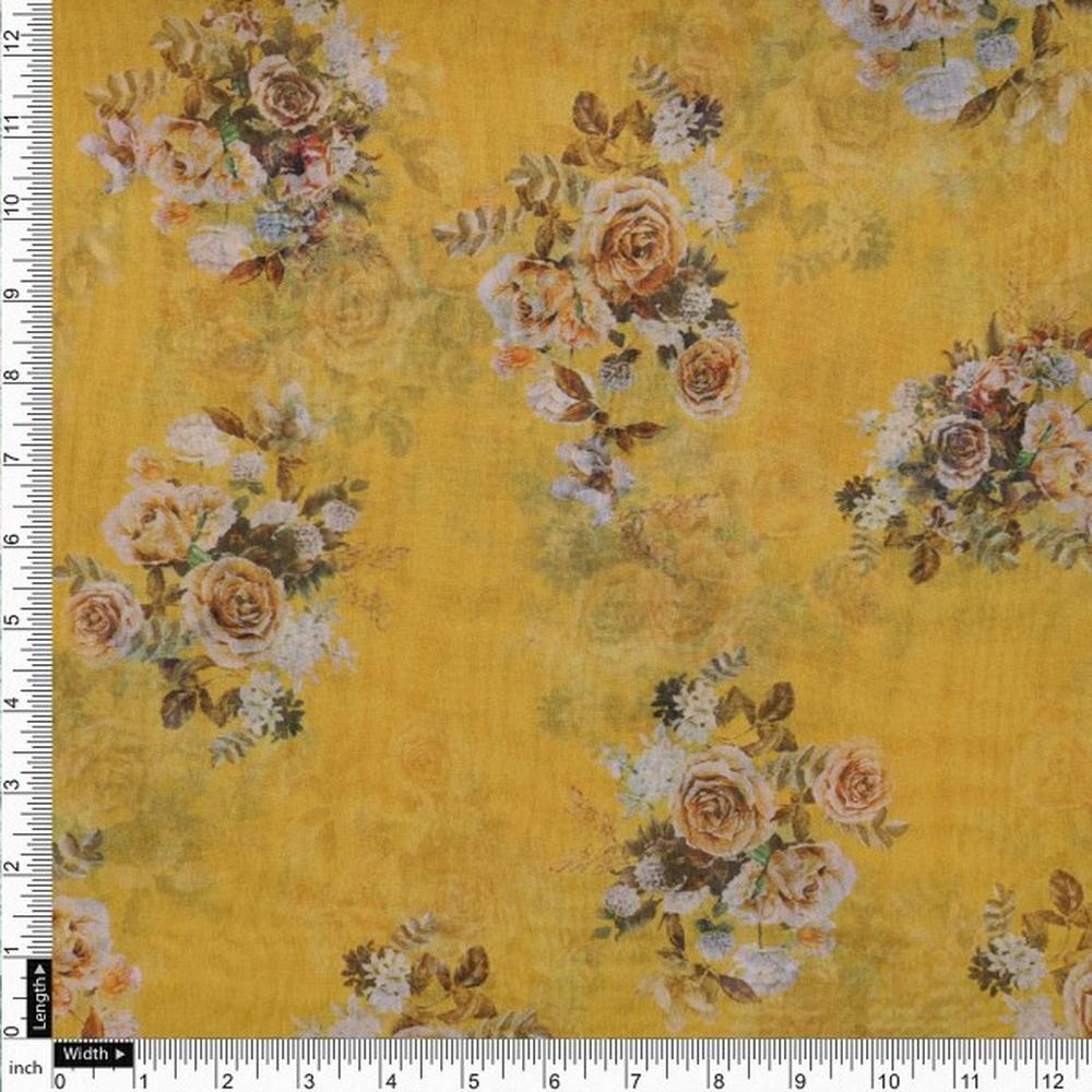 Golden Yellow Organza Fabric with Classic Rose Print - Image 4