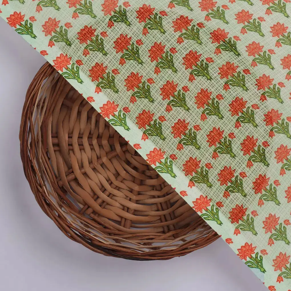 Gorgeous Damask Floral Print in Green and Orange on Kota Doria Fabric Material - Image 2