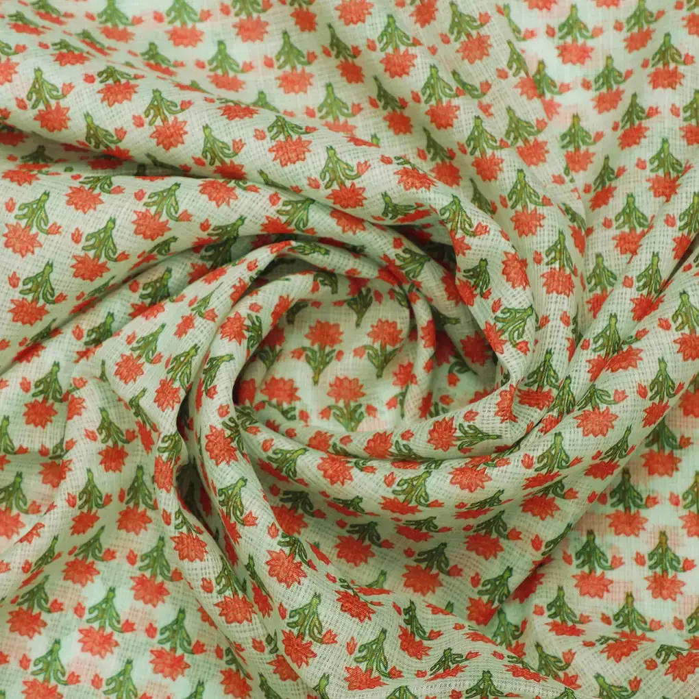 Gorgeous Damask Floral Print in Green and Orange on Kota Doria Fabric Material - Image 3