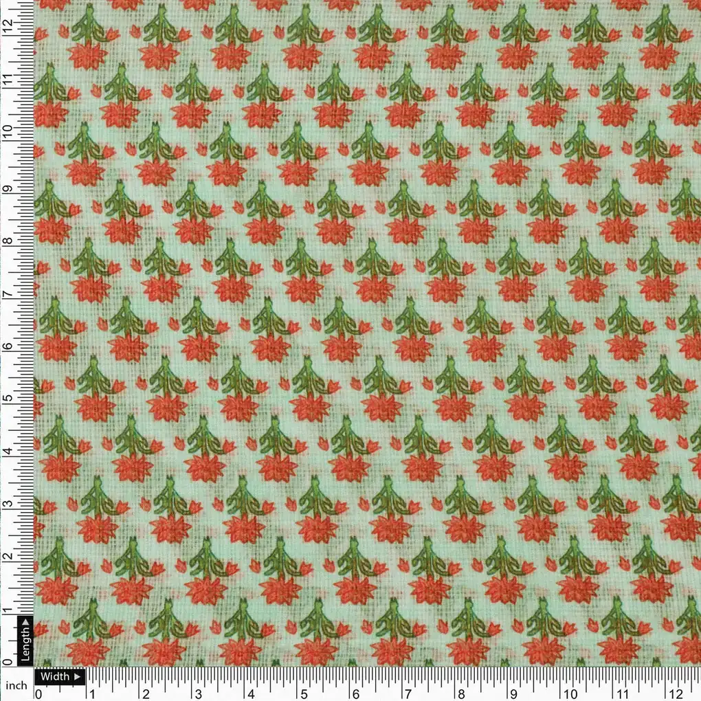 Gorgeous Damask Floral Print in Green and Orange on Kota Doria Fabric Material - Image 4