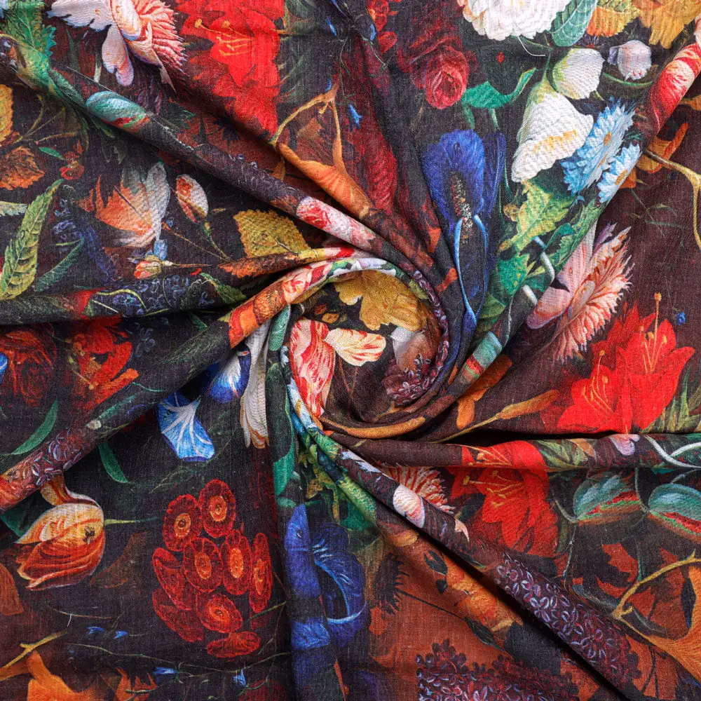 Gorgeous digital printed cotton fabric with damask pattern in black and multicolor - Image 3