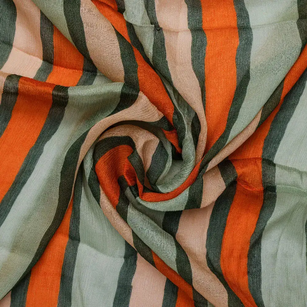 Gorgeous digital printed fabric with strips in Green, Mustered Yellow and Cream - Image 3