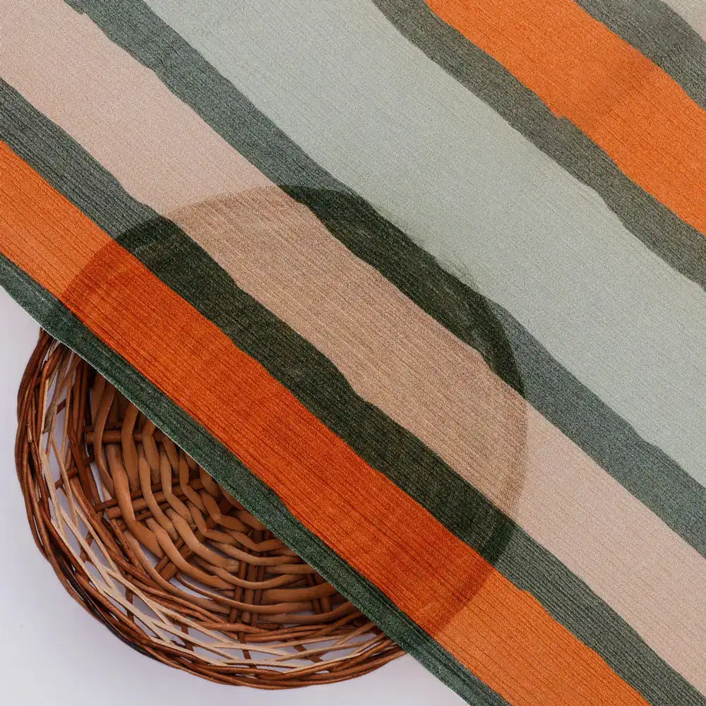 Gorgeous digital printed fabric with strips in Green, Mustered Yellow and Cream - Image 4