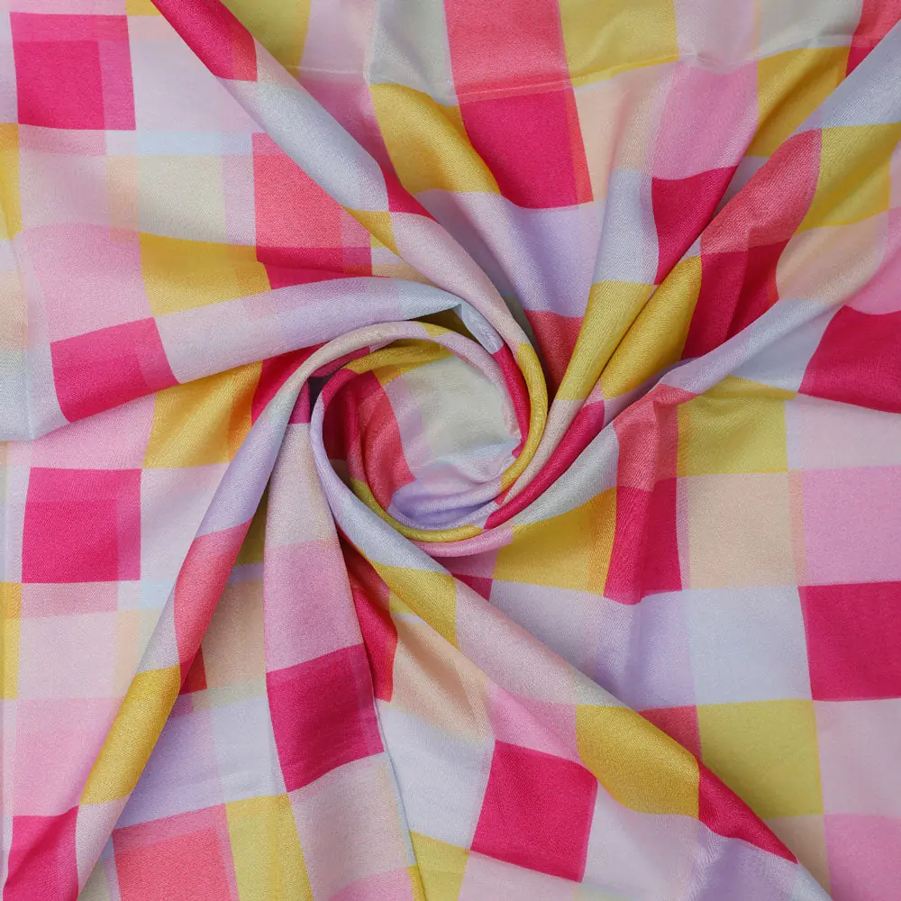 Gorgeous digital printed organza fabric with a checkered design in yellow, purple and pink - Image 2