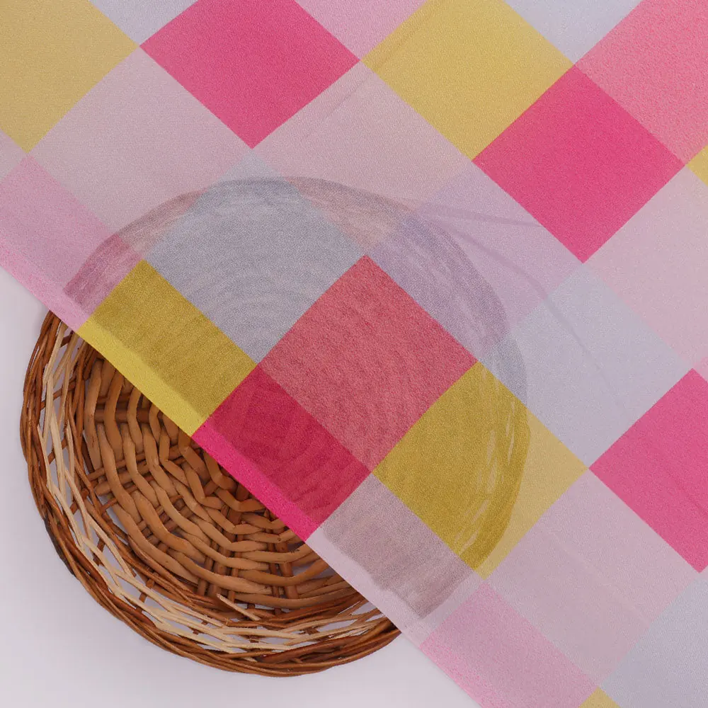 Gorgeous digital printed organza fabric with a checkered design in yellow, purple and pink - Image 3