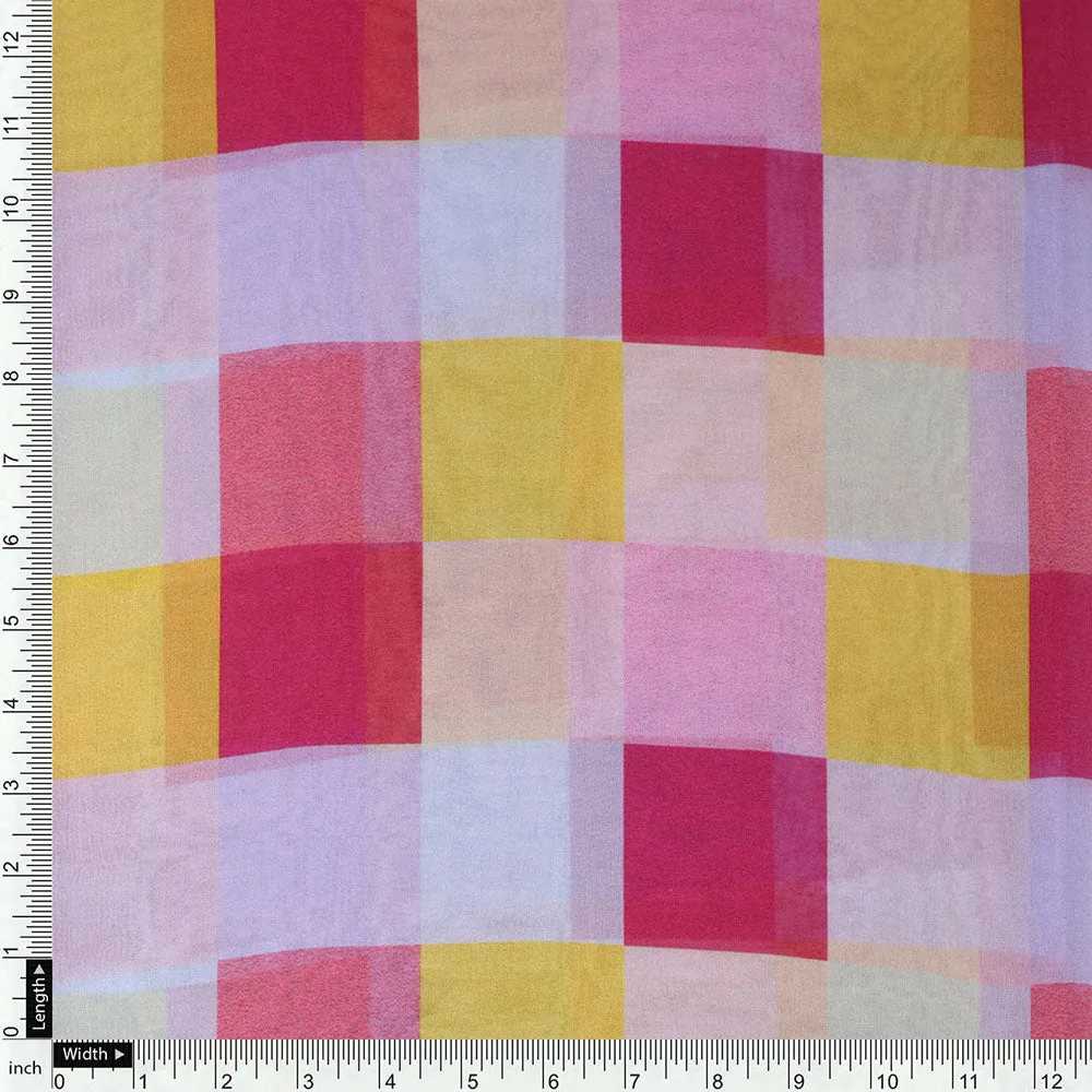 Gorgeous digital printed organza fabric with a checkered design in yellow, purple and pink - Image 4