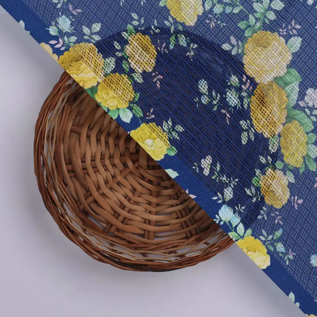 Gorgeous Ditsy Flower Bunch Digital Print on Classy Green-Yellow-Blue Kota Doria Fabric - Image 2