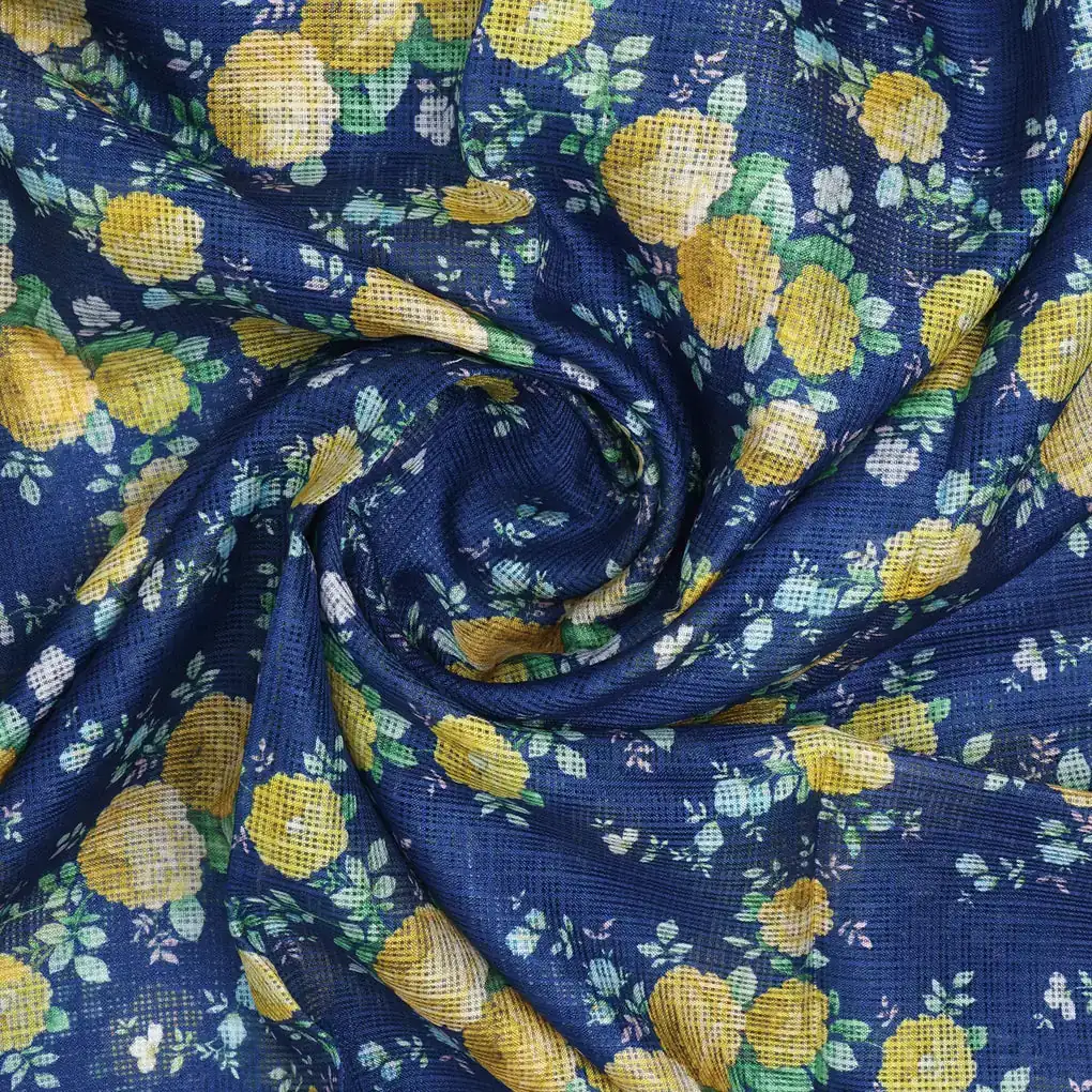 Gorgeous Ditsy Flower Bunch Digital Print on Classy Green-Yellow-Blue Kota Doria Fabric - Image 3