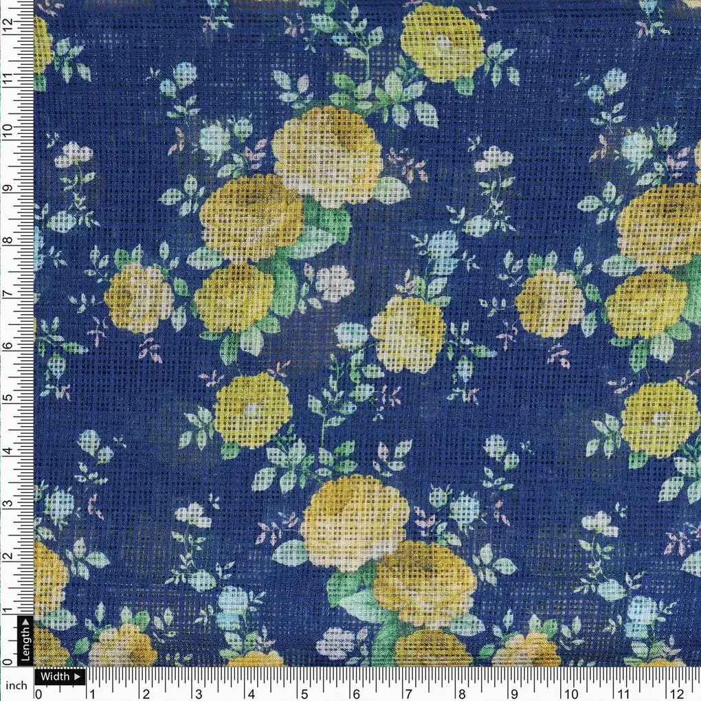 Gorgeous Ditsy Flower Bunch Digital Print on Classy Green-Yellow-Blue Kota Doria Fabric - Image 4