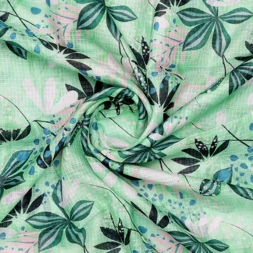 Gorgeous Floral and Leaves Printed Kota Doria Fabric Material - Image 3