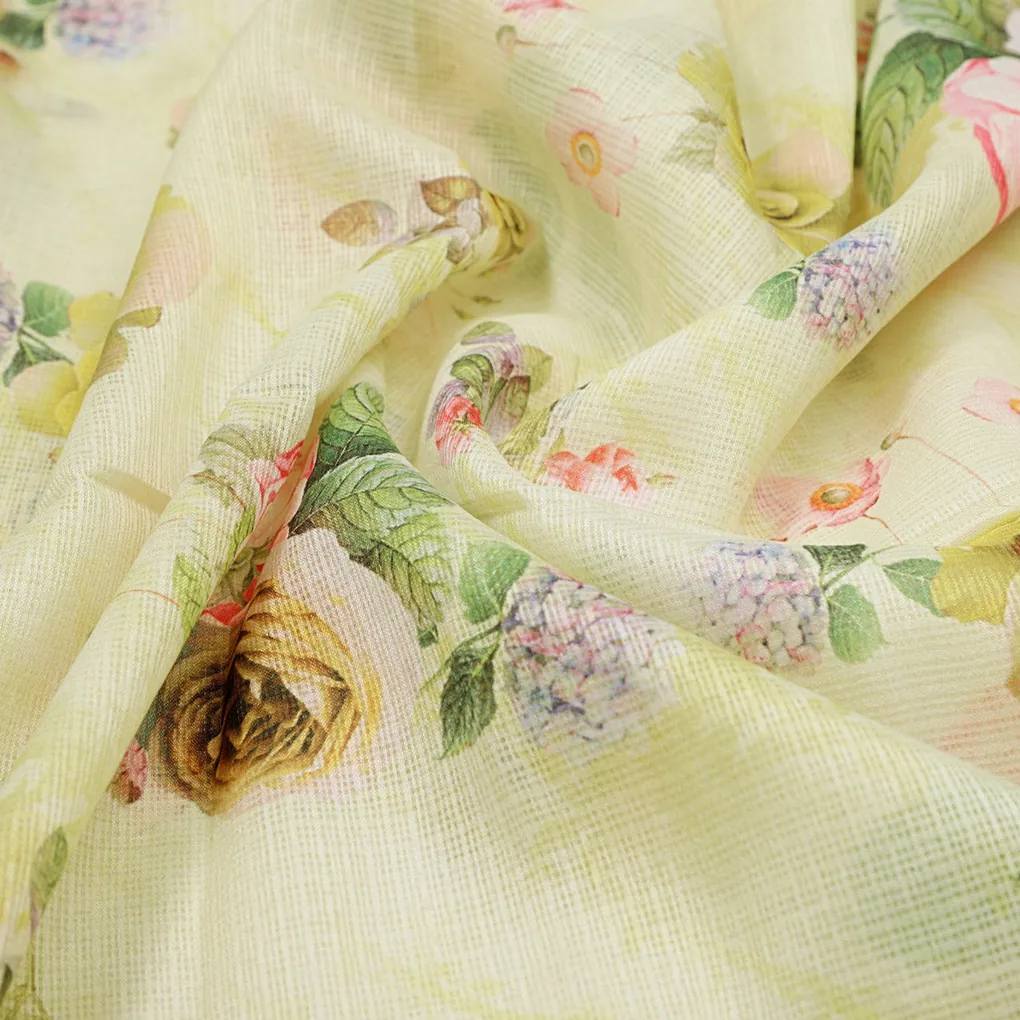 Gorgeous Floral Kota Doria Fabric Material in Vibrant Yellow Color - Image 3