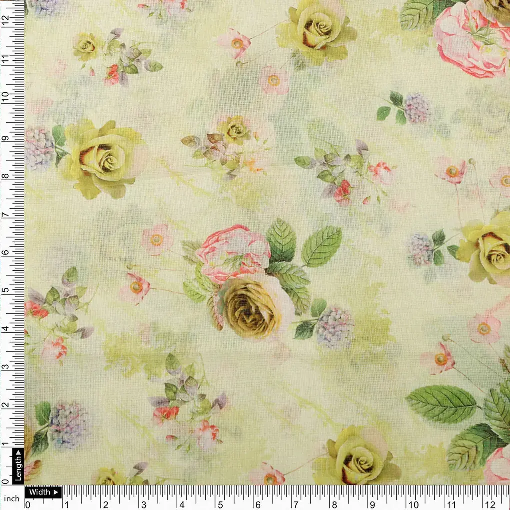 Gorgeous Floral Kota Doria Fabric Material in Vibrant Yellow Color - Image 4