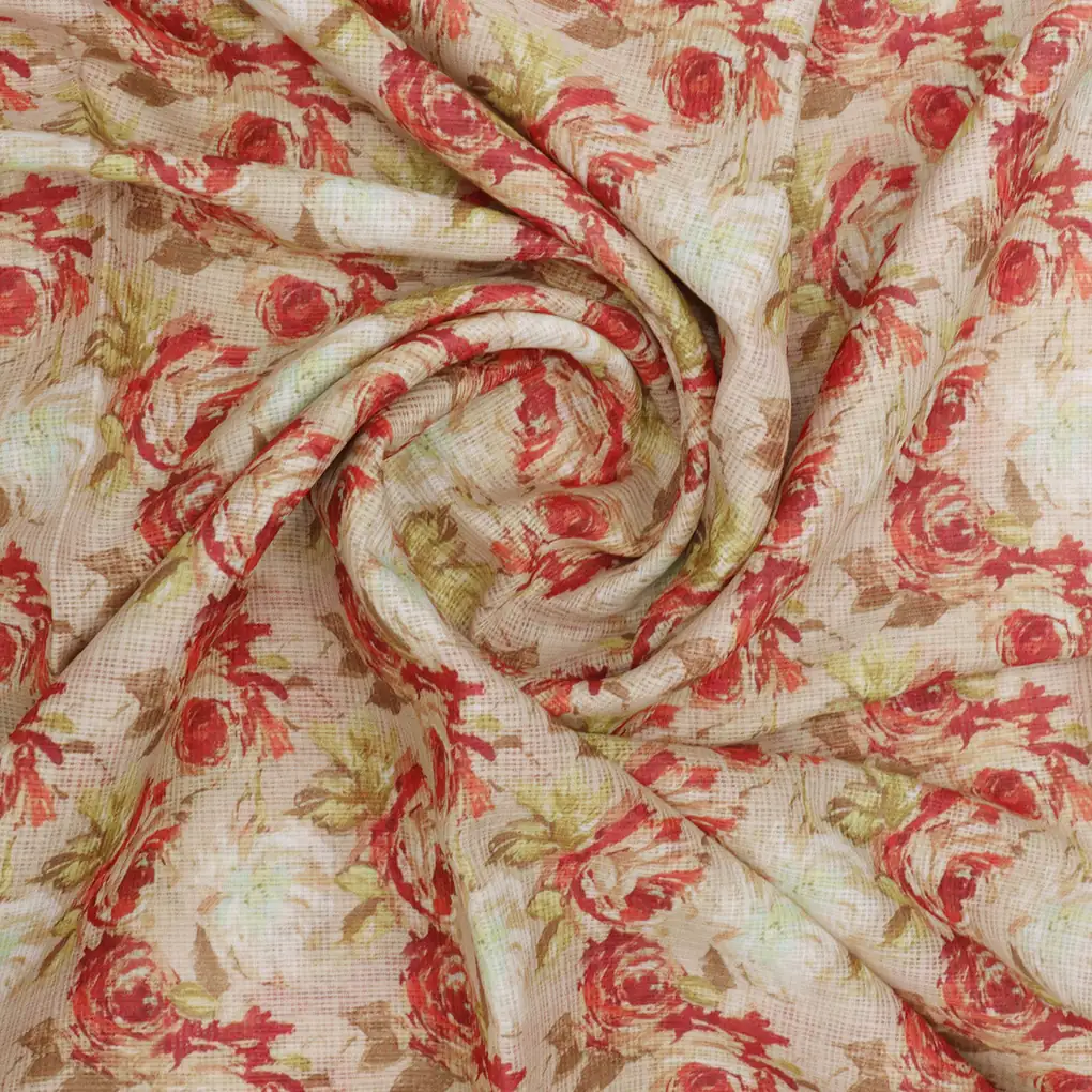 Gorgeous Floral Kota Doria Fabric | Red, Green, Cream | FAB VOGUE Studio - Image 3