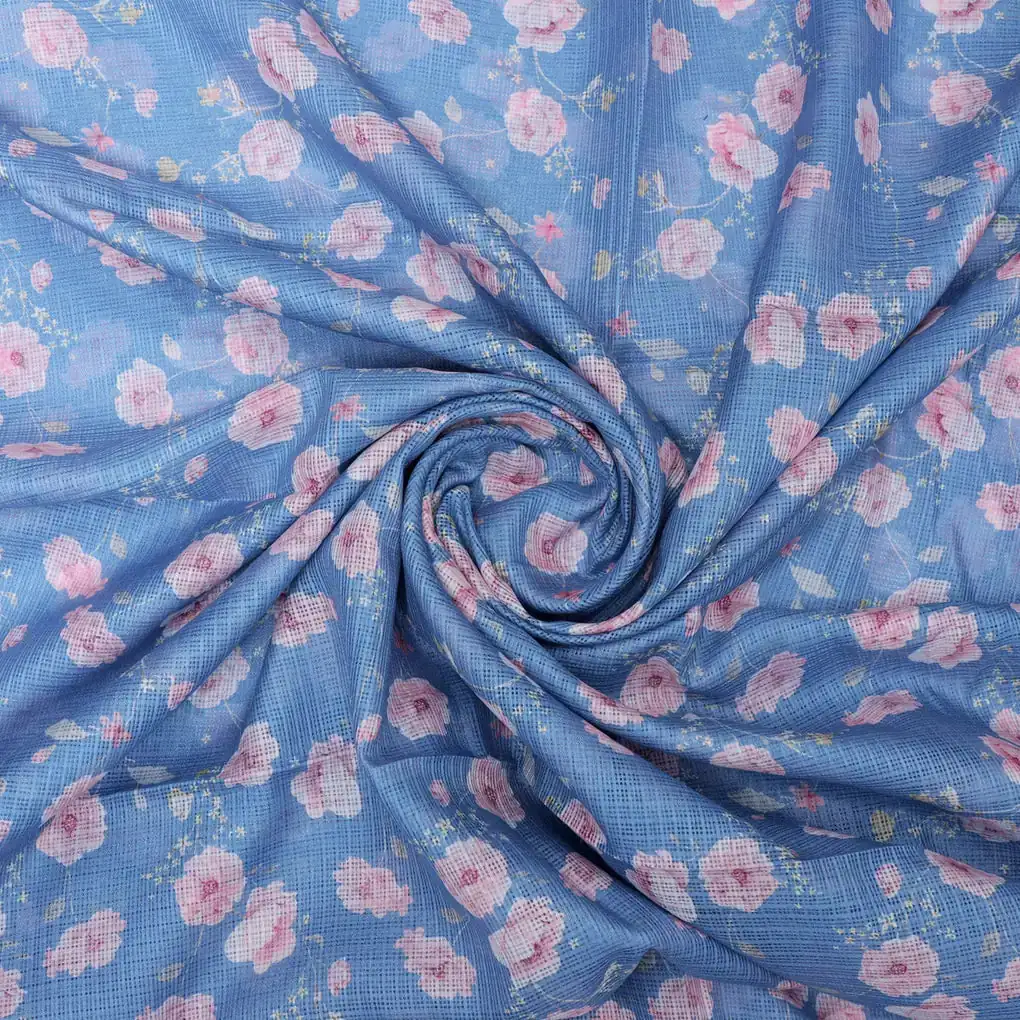 Gorgeous Floral Velly Kota Doria Digital Printed Fabric in Captivating Blue and Peach - Image 3