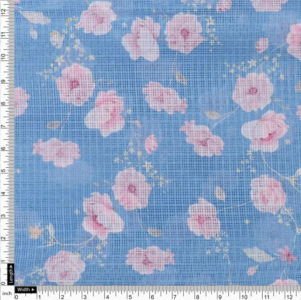 Gorgeous Floral Velly Kota Doria Digital Printed Fabric in Captivating Blue and Peach - Image 4
