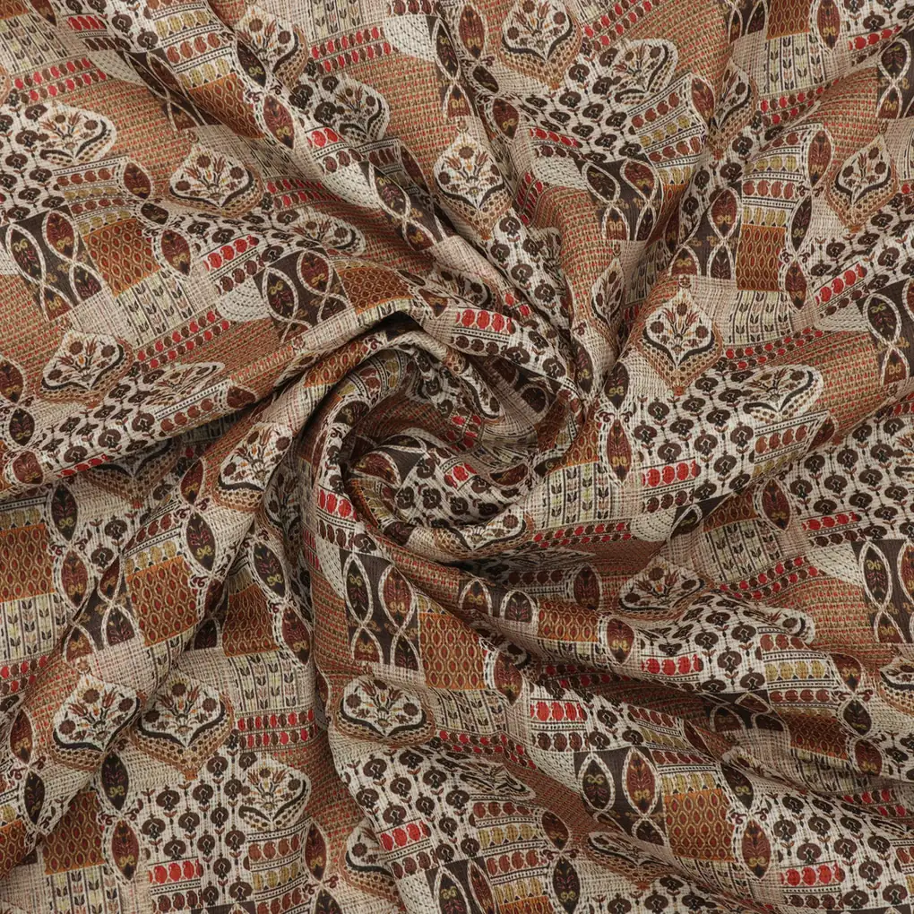 Gorgeous Geometric Printed Kota Doria Fabric in Cream and Brown - Image 2