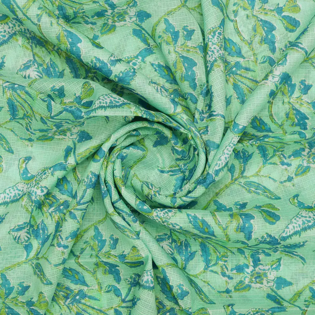 Gorgeous Green and Blue Bird Print Kota Doria Digital Printed Fabric - Image 3