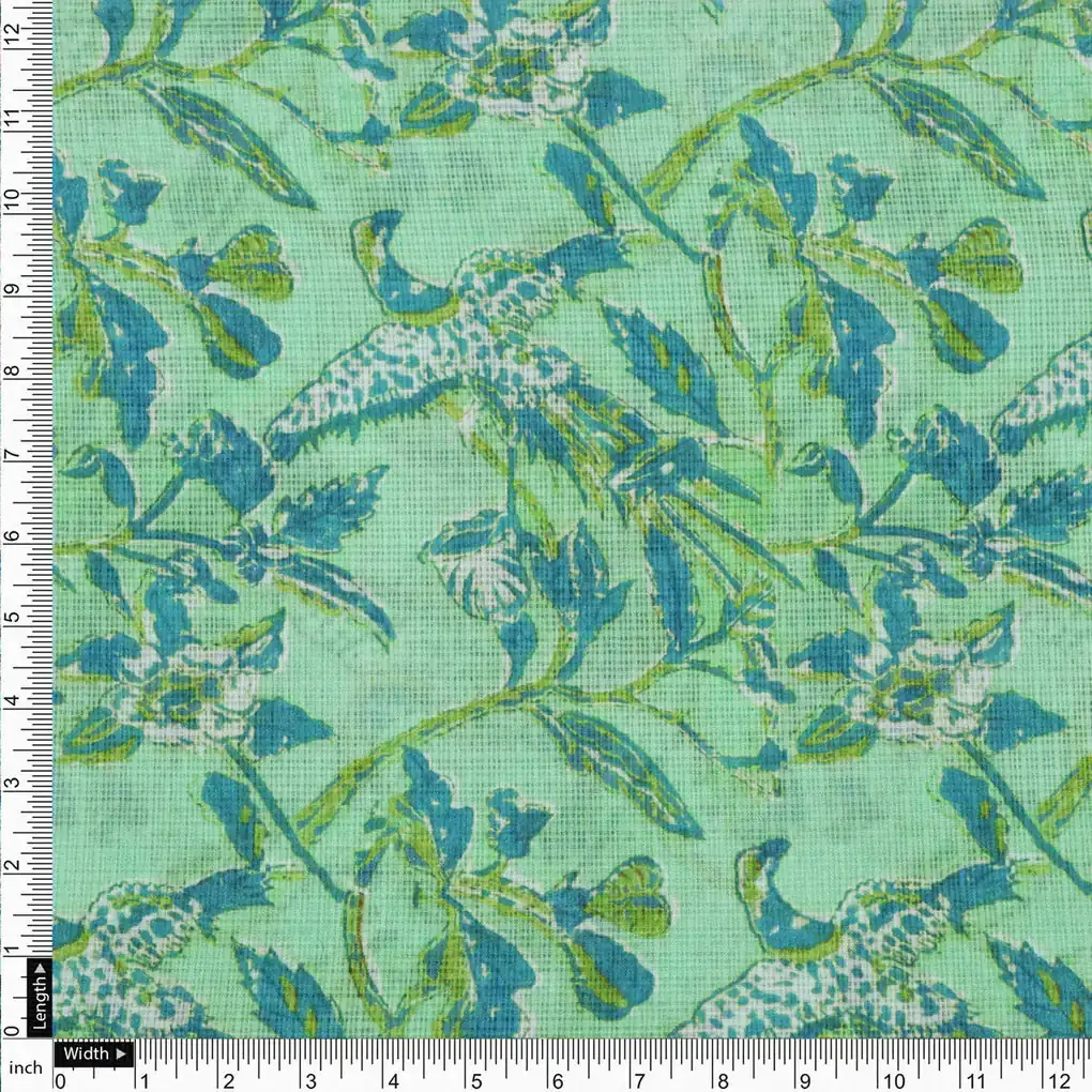 Gorgeous Green and Blue Bird Print Kota Doria Digital Printed Fabric - Image 4