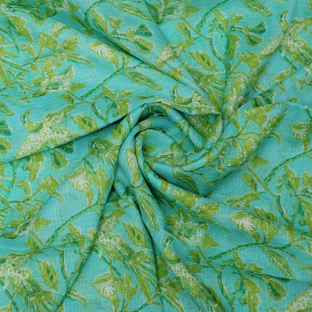 Gorgeous Green and White Bird Print Kota Doria Digital Printed Fabric - Image 3