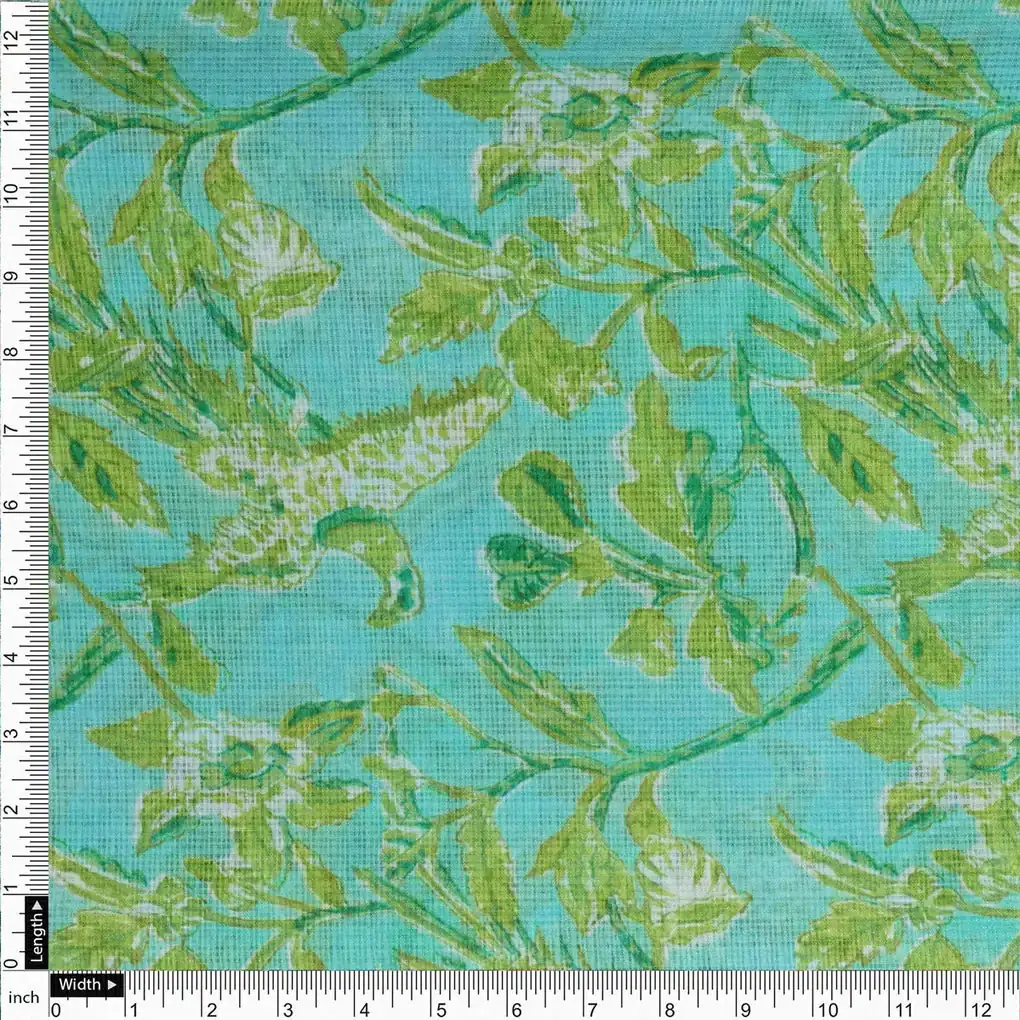 Gorgeous Green and White Bird Print Kota Doria Digital Printed Fabric - Image 4
