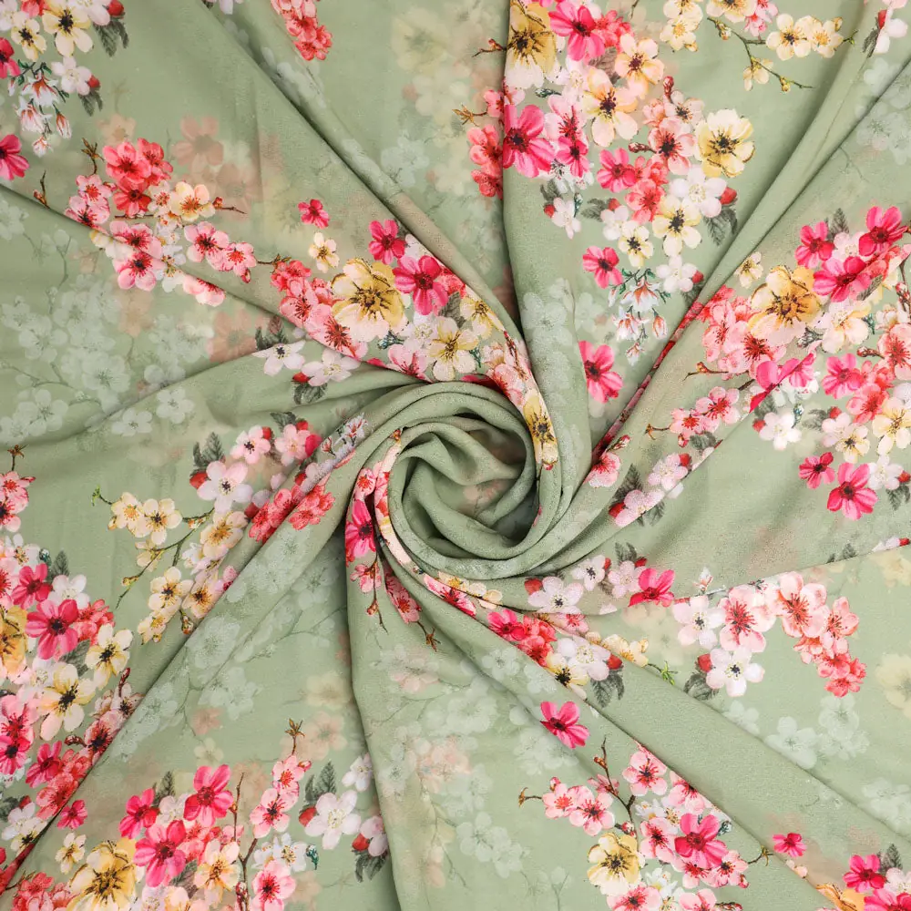 Gorgeous green digital printed Georgette fabric with floral design by FAB VOGUE Studio - Image 2