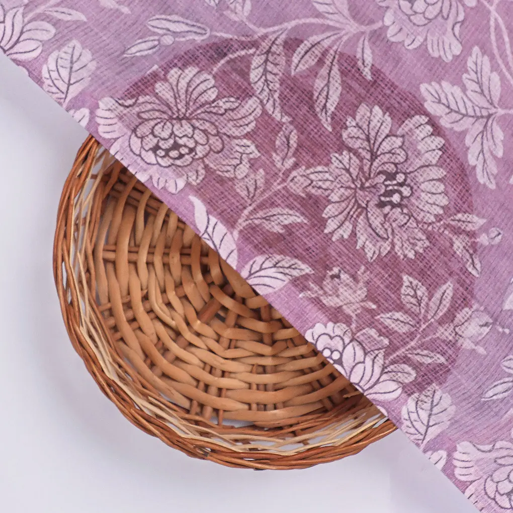 Gorgeous Kota Doria Digital Print Fabric with Purple and Cream Floral & Leaves Design - Image 2