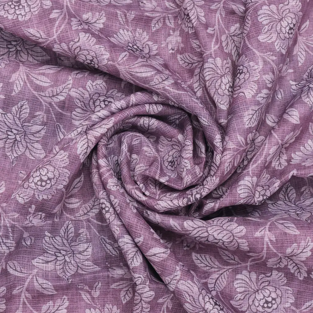 Gorgeous Kota Doria Digital Print Fabric with Purple and Cream Floral & Leaves Design - Image 3