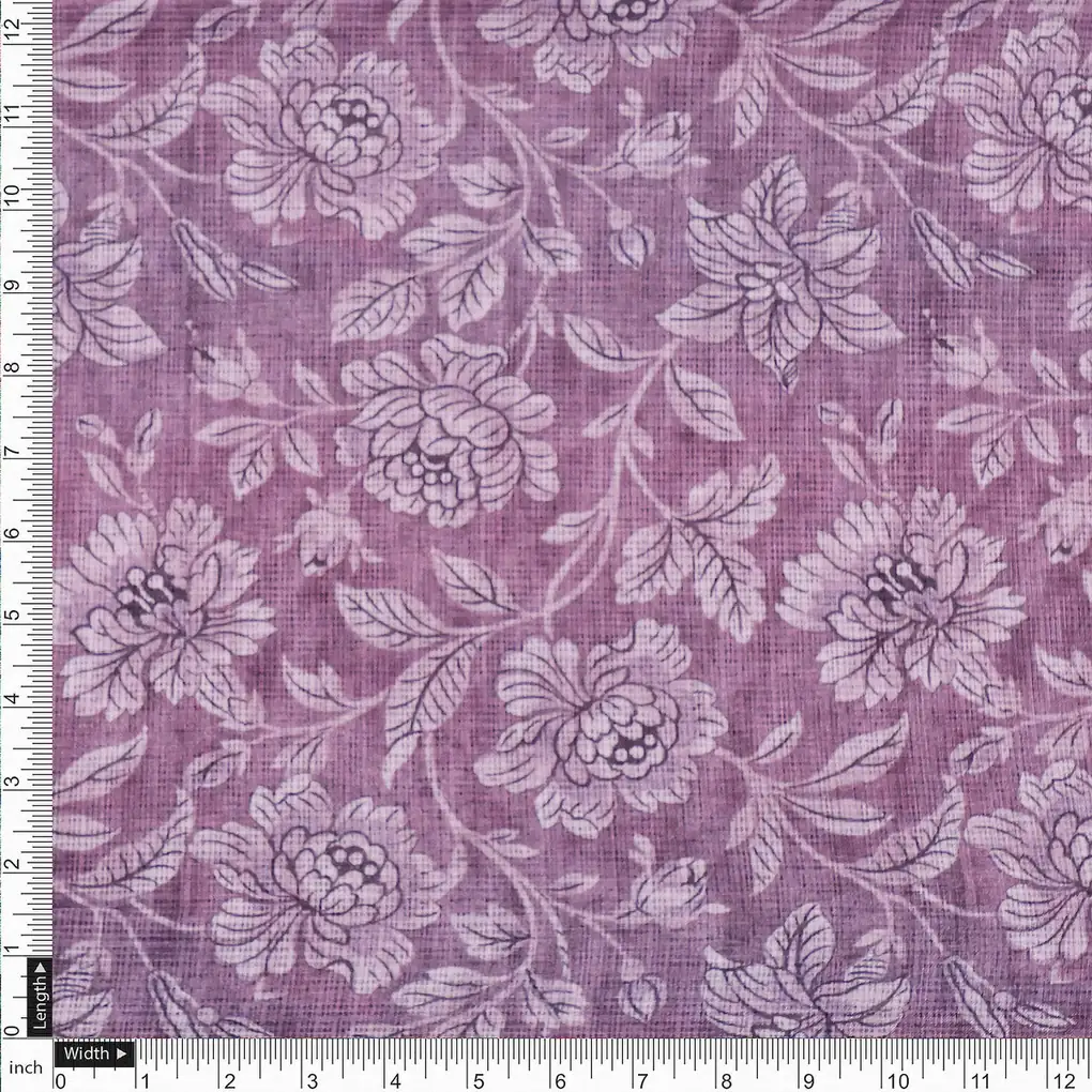 Gorgeous Kota Doria Digital Print Fabric with Purple and Cream Floral & Leaves Design - Image 4