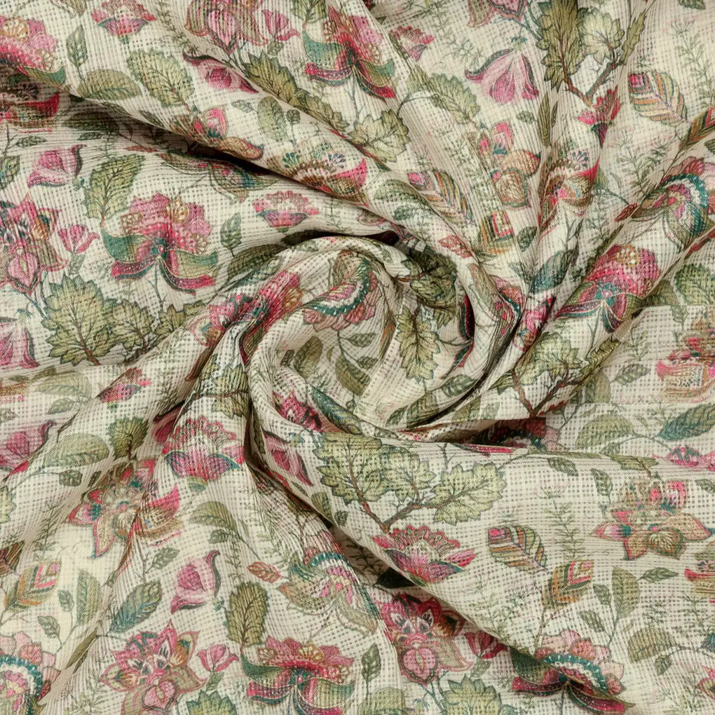 Gorgeous Kota Doria Digital Printed Fabric with Multicolor Flower and Leaves Design - Image 3