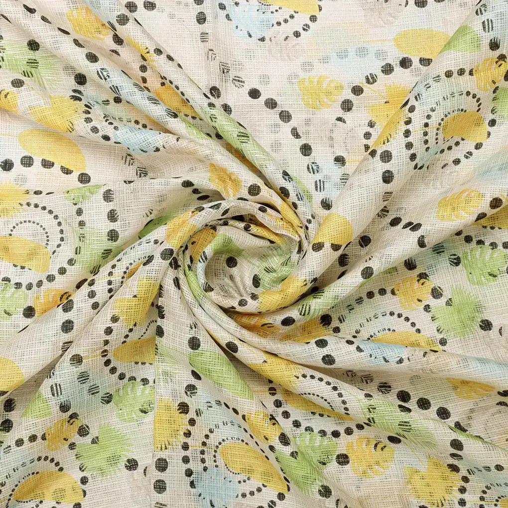 Gorgeous Kota Doria Fabric with Eye-Catching Feathers Print in Vibrant Yellow and Green - Image 3