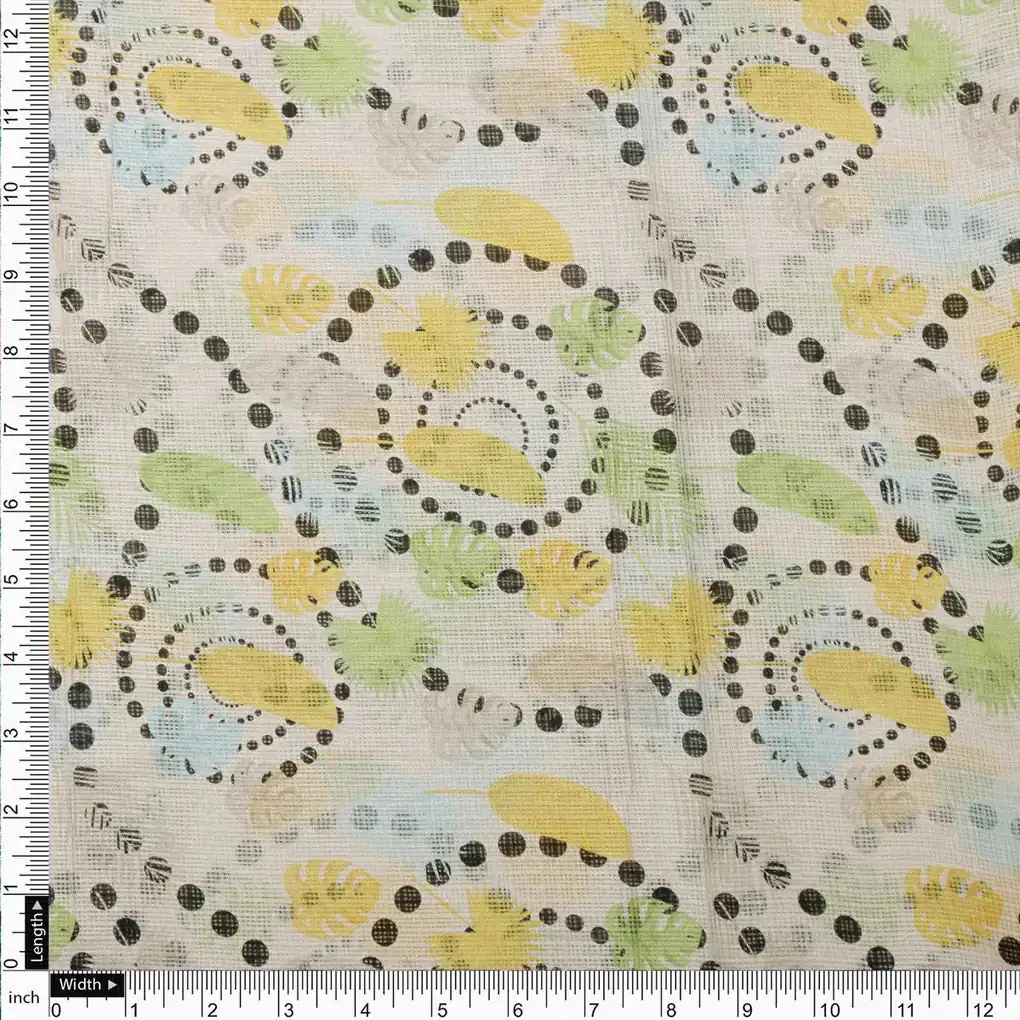Gorgeous Kota Doria Fabric with Eye-Catching Feathers Print in Vibrant Yellow and Green - Image 4