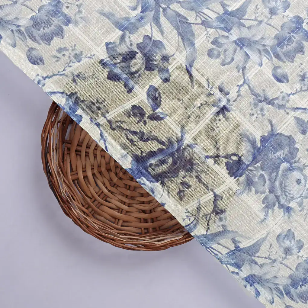 Gorgeous Linen Fabric Awash in Blue and Cream with Enchanting Floral and Leaves Print - Image 2