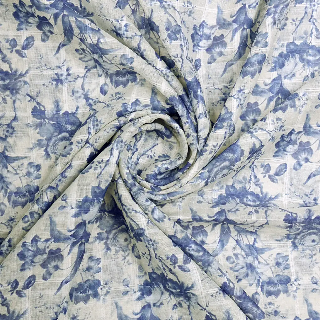 Gorgeous Linen Fabric Awash in Blue and Cream with Enchanting Floral and Leaves Print - Image 3