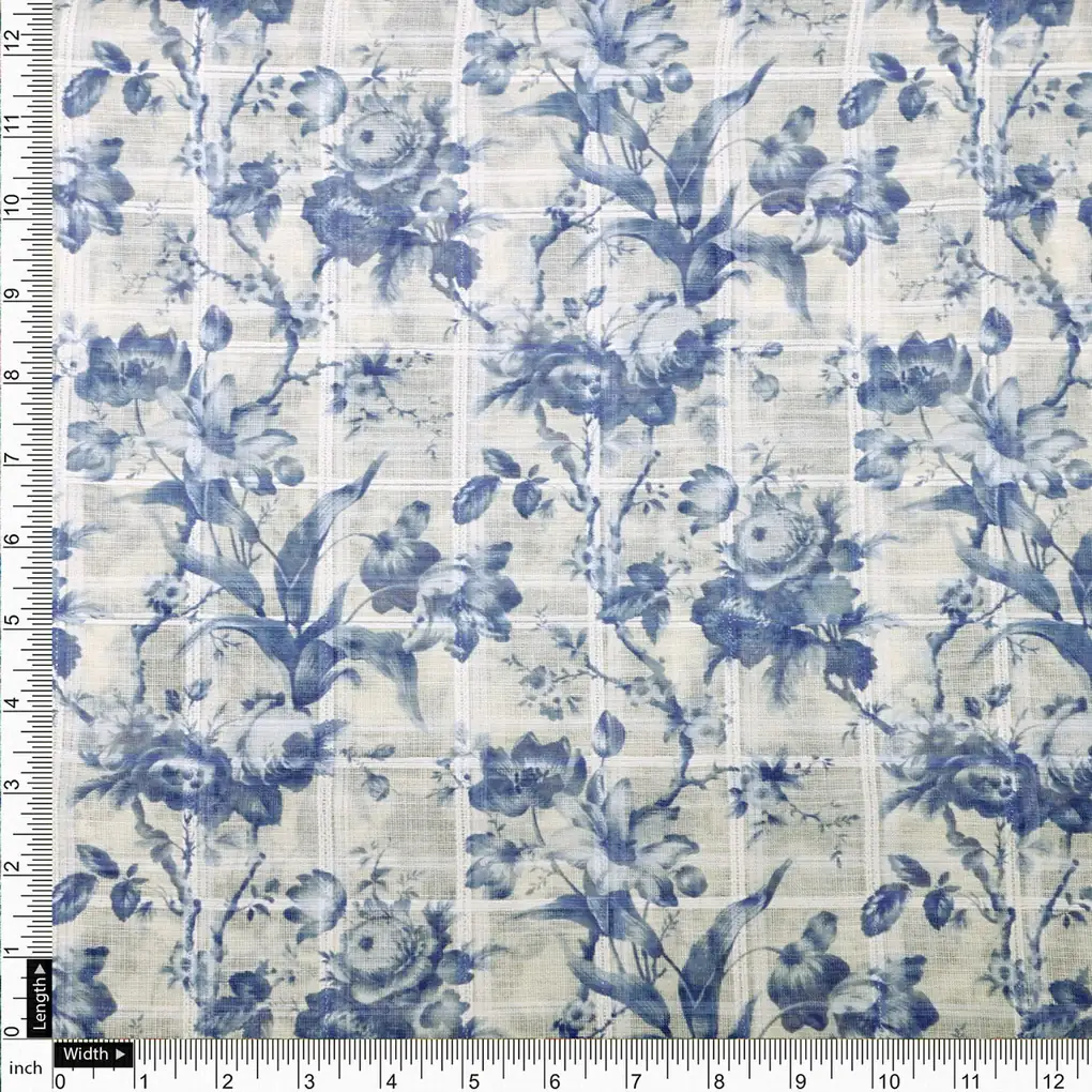 Gorgeous Linen Fabric Awash in Blue and Cream with Enchanting Floral and Leaves Print - Image 4
