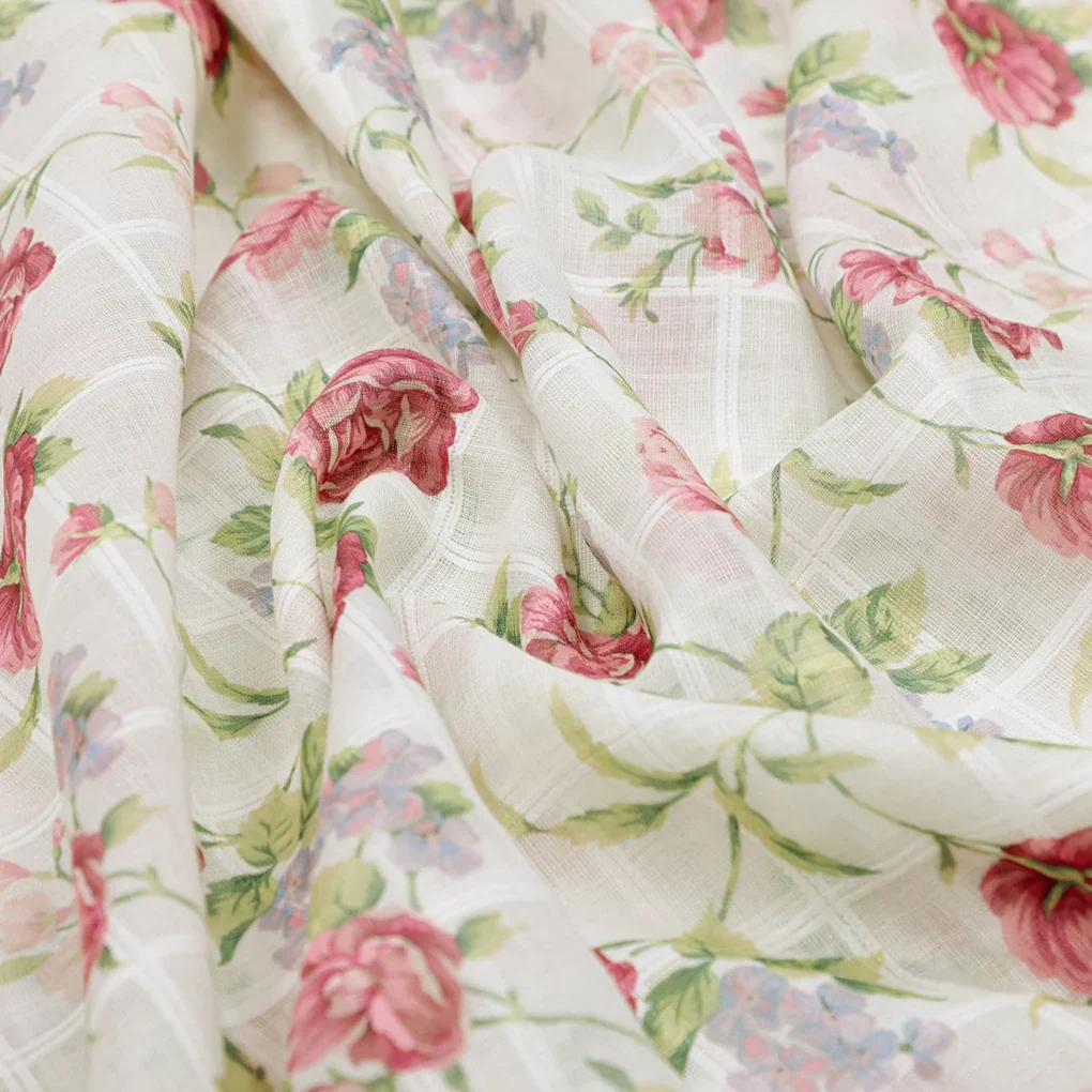 Gorgeous Linen Fabric in Pink Floral and Leaves Print - Image 3