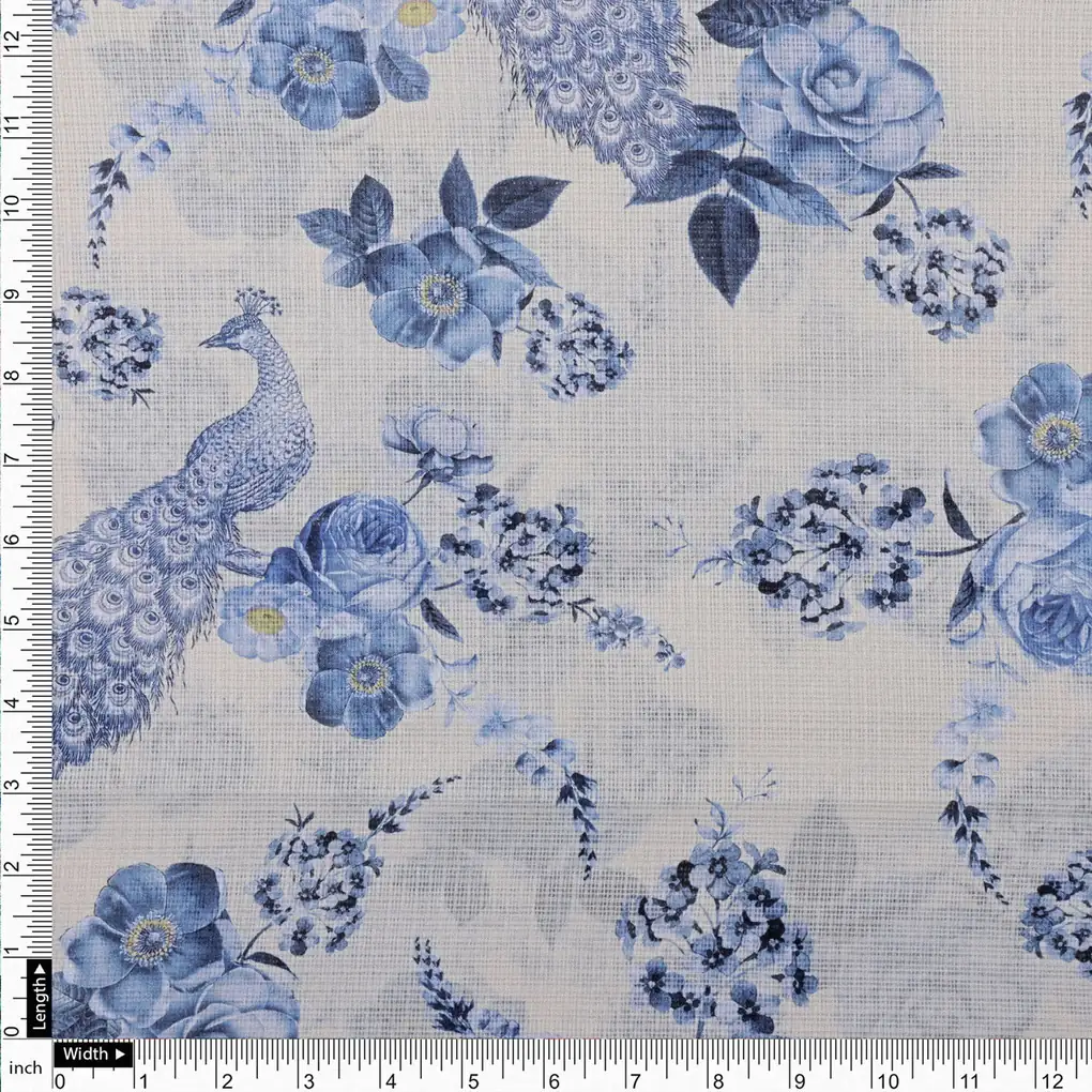 Gorgeous Peacock and Flower Print on Kota Doria Digital Fabric Material - Image 3