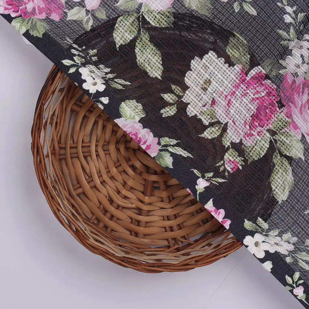 Gorgeous Pink and Black Floral Kota Doria Digital Fabric for Classy Outfits - Image 2