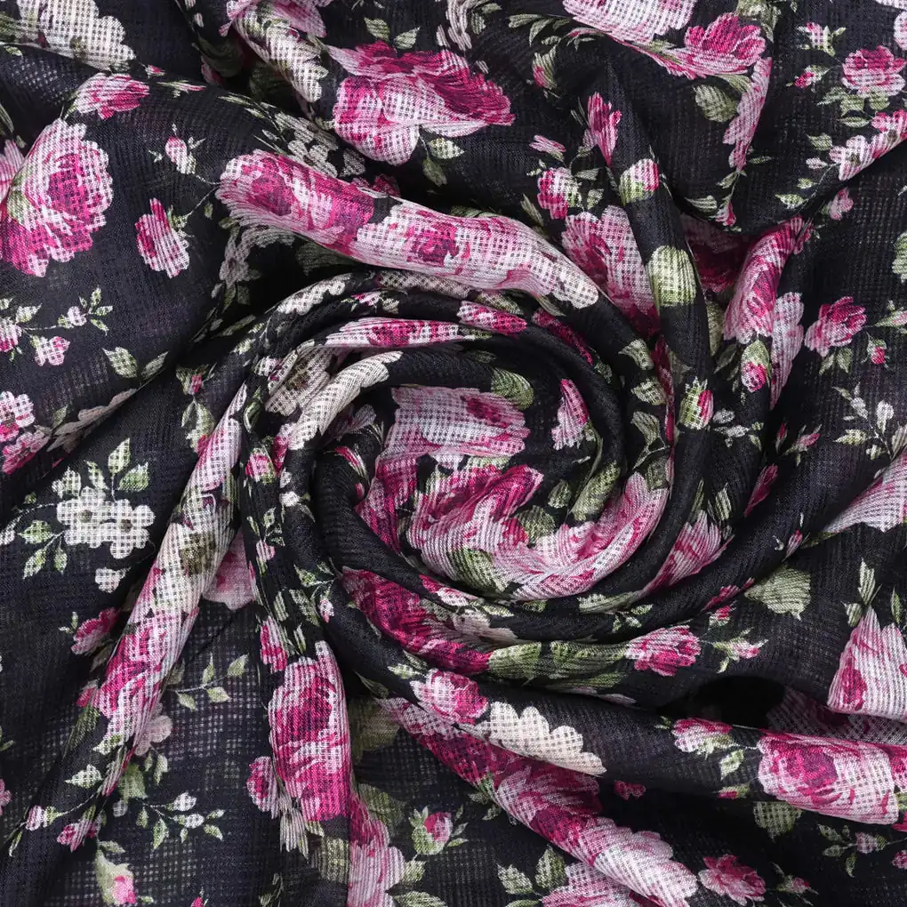 Gorgeous Pink and Black Floral Kota Doria Digital Fabric for Classy Outfits - Image 3