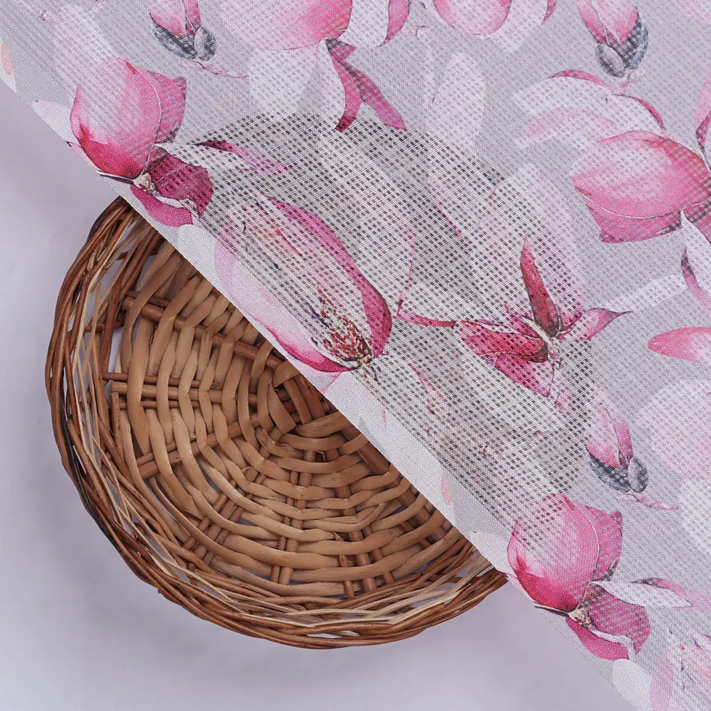Gorgeous Pink and White Floral Printed Kota Doria Fabric Material - Image 2